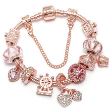 Load image into Gallery viewer, BAOPON New Heart &amp; Key Pendant Rose Gold Color Fine Bracelets &amp; Bangles Ferris Wheel Beads Charm Bracelet For Women Jewelry