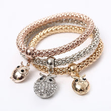 Load image into Gallery viewer, 3 Pcs/Set Crystal Owl Heart Charm Bracelets &amp; Bangles Gold/Silver Alloy Elephant Anchor Pendants Rhinestone Bracelets For Women